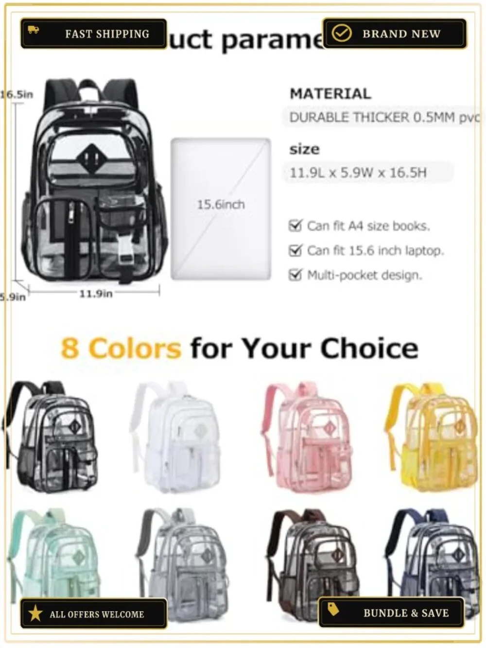 Heavy Duty Transparent PVC Clear Backpack Large See Through Bookbag for School